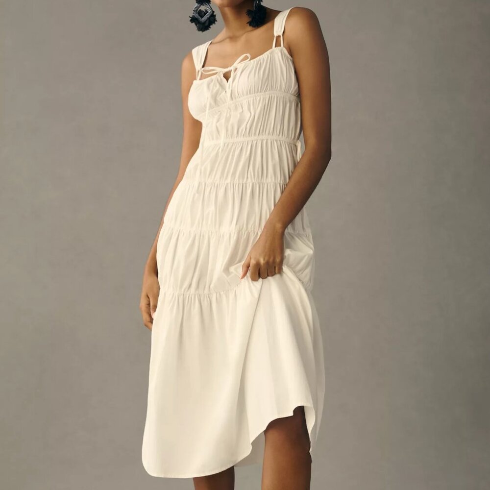 Ciao Lucia Cream Ruched Midi Dress with Tie Straps
